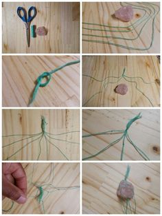 four pictures showing how to make a wire wrapped tree ornament with rocks and scissors