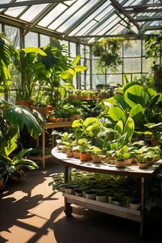 many plants are growing in small pots on a table inside a greenhouse with sunlight coming through the windows