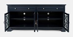 the sideboard is black and has two drawers on each side, one with an open door