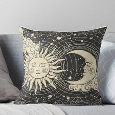 the sun and moon are depicted in this decorative art print on a black background throw pillow