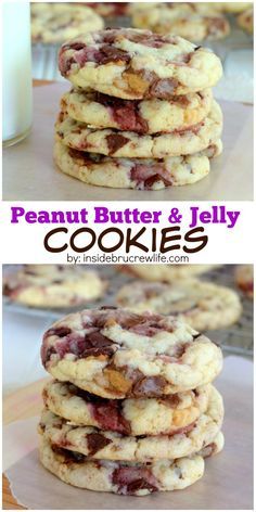 peanut butter and jelly cookies are stacked on top of each other with the words, peanut butter and jelly cookies