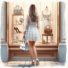 a woman in a white dress looking into a store window with shoes and handbags