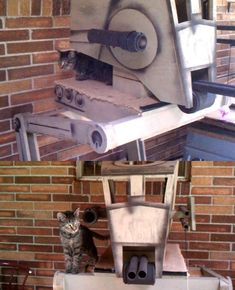 two pictures of a cat sitting in front of a stove and another photo of a cat looking at it