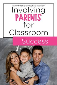 a man and woman holding a child in front of a chalkboard with the words, involving