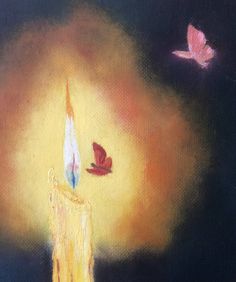 a painting of a lit candle with butterflies flying around