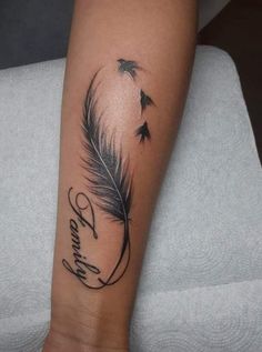 a feather with the word faith written on it and three birds flying in the sky