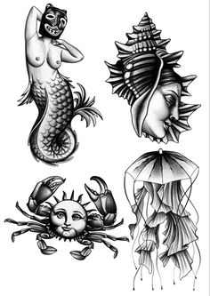 four different types of tattoos on the body and one with an octopus, seahorse, squid