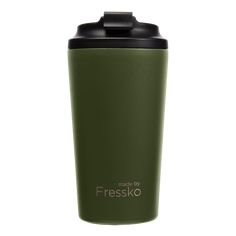 a green travel mug with the words made by fressko on it's side