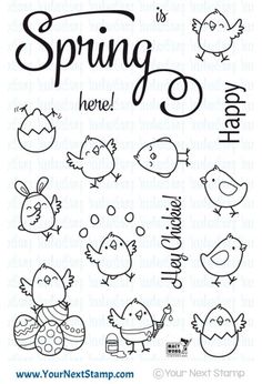 a rubber stamp with the words spring is here and various images of birds on it