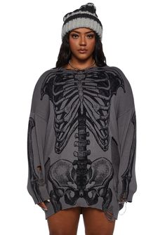 Plus Size Trickz N' Treatz Skeleton Graphic Distressed Sweater - Gray Skeleton Graphic, Plus Size Costumes, Distressed Sweater, Wardrobe Makeover, Costume Store, Free Socks, Oversized Sweater, Shoes And Accessories, New Wardrobe