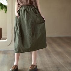 Details: Gender: Women Item Type: Skirt Material: Linen Season: Spring, Summer, Autumn Pattern: Solid Style: Casual, Loose, Retro Waist Type: Elastic Waist Size: One Size Waist: 66.00 - 94.00 cm/ 25.98 - 37.01 " Length: 75.00 cm/ 29.53 " Hip: 126.00 cm/ 49.61 " Autumn Pattern, Coffee Sizes, Summer Retro, Linen Skirt, Green Skirt, Ladies Day, A Line Skirt, Waist Size, Eos