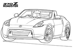 a drawing of a sports car in black and white