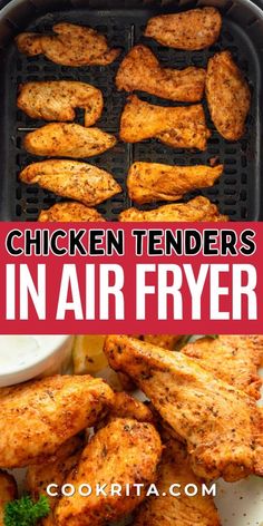 chicken tenders in air fryer with text overlay