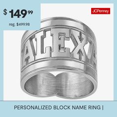 A modern take on the classic personalized ring, this all-caps design makes your name stand out. Made in America.Metal: 14K yellow or white gold, 10K yellow or white gold, 14K yellow gold over sterling silver or sterling silverDimensions: 16mmPersonalize: Up to 7 block lettersCare: Wipe CleanCountry of Origin: Made in USJewelry photos are enlarged to show detail.Disclaimer: Metal may be rhodium plated to enhance appearance and reduce tarnishing. Modern Personalized Initial Ring, Modern Personalized White Gold Engraved Ring, Modern Personalized Engraved White Gold Ring, Modern Personalized Engraved Ring For Promise, Modern Personalized Initial Ring For Anniversary, Modern Personalized Rings For Anniversary, Caps Design, Name Ring, 2 Rings