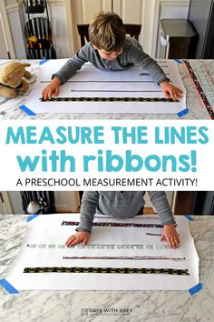 a young boy is working on an activity with the words measure the lines with ribbons