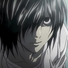 an anime character with black hair and white shirt looking at the camera while staring straight ahead