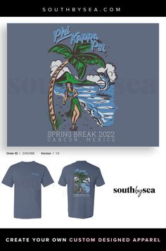 a t - shirt with the words spring break on it and an image of a woman surfing