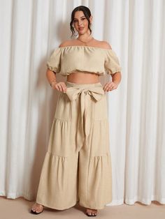 Plus Size Women Vacation Solid Color Off-Shoulder Cropped Blouse With Wide Leg Pants Loose Casual 2 Piece Set Apricot Casual    Plain  Non-Stretch  Women Plus Clothing, size features are:Bust: ,Length: ,Sleeve Length: Blouse With Wide Leg Pants, Women Vacation, Blouse Crop, Boho Halloween, Cropped Blouse, Pants Loose, Shirt Dress Style, Retro Hairstyles, Fashion 2024