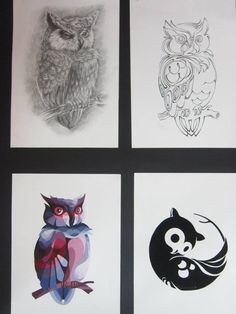 four different types of owls on white paper