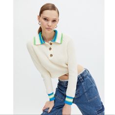 Brand New Trendy White Top With Ribbed Collar, Trendy White Tops With Ribbed Collar, Urban Outfitters White Winter Top, Urban Outfitters White Top For Winter, Retro White Tops From Urban Outfitters, Collared Sweater, Collar Sweater, Colorful Sweaters, Pullover Sweaters