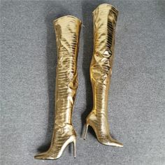 Gold Over The Knee High Boots – Sansa Costa Womens Thigh High Boots, Crocodile Boots, Demonia Boots, Gold Stilettos, Winter Pattern, Party Heels, Slip On Boots, Drag Queens, Gold Shoes