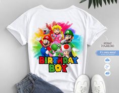 an image of mario birthday shirt with the characters from mario and luigi on it's back