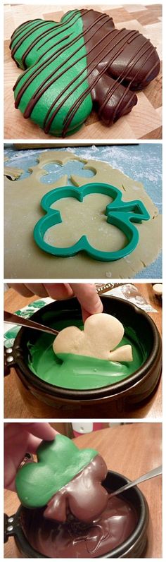 the process for making chocolate shamrock cookies is shown in three different stages, including frosting and decorating