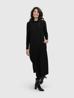 Alembika (Pre-Order) Mock Neck A-Line Dress, Black - Statement Boutique Service Women, Denim Day, Mock Neckline, Ladies Boutique, Chic Dress, Elegant Dress, Autumn Winter Fashion, Midi Length, Knit Jersey