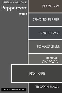 the names of different types of black and gray paint colors, including iron ore, iron ore