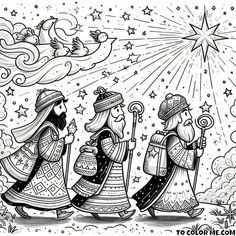 Stargazers’ Quest: The Three Wise Men Following the Star – Illuminated Coloring Page - https://www.tocolorme.com/?p=6887&utm_source=SocialAutoPoster&utm_medium=Social&utm_campaign=Pinterest Kids Church Christmas, Christmas Nativity Scene Display, Happy Planner Teacher, Nativity Scene Display, The Three Wise Men, Children's Church Crafts, Diy Nativity, Church Gifts, Preschool Christmas Crafts