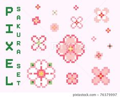 pixel art with pink flowers and green letters on the bottom right corner, which says pixel art