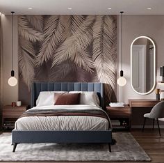 a bedroom with a bed, mirror and desk in front of a plant mural on the wall