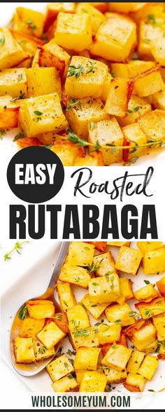 roasted rutabaga with text overlay that reads healthy low carb roasted rutabaga