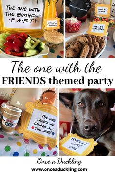 a collage of photos with the words friends themed party written on them and food