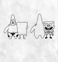 spongebob and patrick from adventure time drawn in black ink on white paper, with the