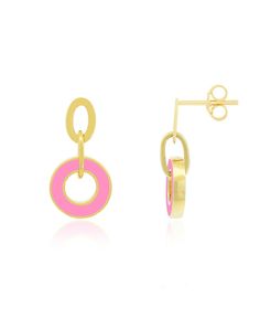 in stock Yellow Gold Enamel Dangle Earrings, Fine Jewelry Yellow Gold Enamel Earrings, Yellow Gold Round Enamel Earrings, Yellow Gold Enamel Earrings For Pierced Ears, Instagram Gift, Pink Enamel, Diamond Charm, Pink Pearl, Bubblegum Pink