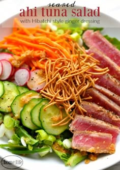 a white bowl filled with meat and veggies next to sliced radishes