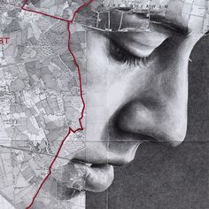 a black and white drawing of a man's face next to a red line