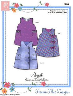 two girls'dress patterns, one in blue and the other in purple with flowers