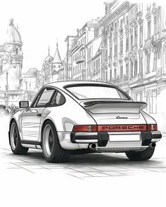 a drawing of a white porsche parked on the street