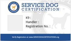 the service dog certificate is shown in blue and white with an image of a dog on it