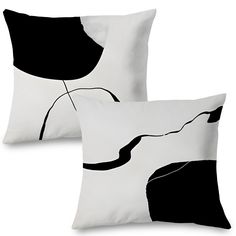 two black and white pillows with an abstract design on one pillow, the other is plain