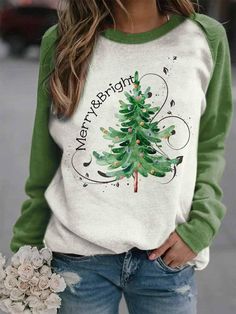 Green Casual Graphic Tops Round Neck Long Sleeve Christmas Tree Printed Sweatshirts Bright Christmas Tree, Charlotte Dress, Christmas Tree Print, Merry Bright Christmas, Bright Christmas, Winter Pullover, Tree Print, Christmas Women, Juno