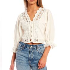 Free People Embroidered Blouse Nwt Cropped Floral Embroidered Blouse, Chic Embroidered Cotton Tops, Chic Long Sleeve Embroidered Cotton Top, Embroidered V-neck Top For Daywear, Spring Cropped Top With Broderie Anglaise, Chic Embroidered Cropped Top, Chic Cropped Embroidered Tops, Cotton Embroidered Long Sleeve Top With Lace Trim, Chic Cropped Top With Floral Embroidery