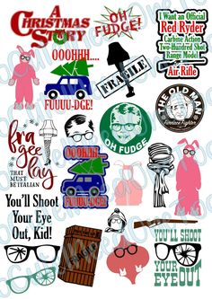 various christmas stickers and decals on a white background with the words you'll shoot your eye out