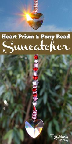 the sun shines brightly in front of a tree with beads hanging from it and text overlay reads, heart prism & pony bea necklace