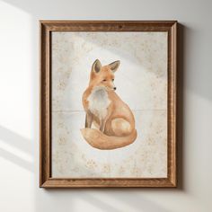 a painting of a fox sitting on top of a white wall next to a wooden frame