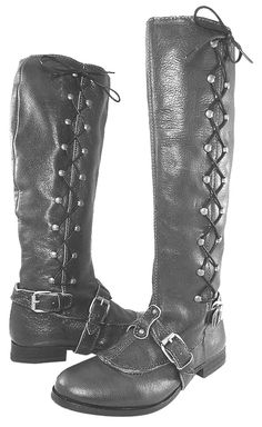 Leather Lace-up Boots With Rivets, Leather Knee-high Moto Boots With Rivets, Leather Lace-up Moto Boots With Rivets, Leather Lace-up Moto Boots For Biker Events, Leather Knee-high Boots With Lacing, Western Leather Boots With Rivets, Leather Boots With Rivets And Snip Toe, Leather Biker Boots With Rivets, Biker Boots With Rivets In Leather