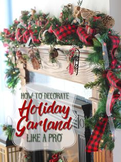 a fireplace decorated for christmas with holiday garland