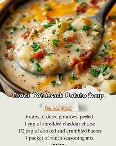 a bowl of potato soup with a spoon in it and instructions on how to make it